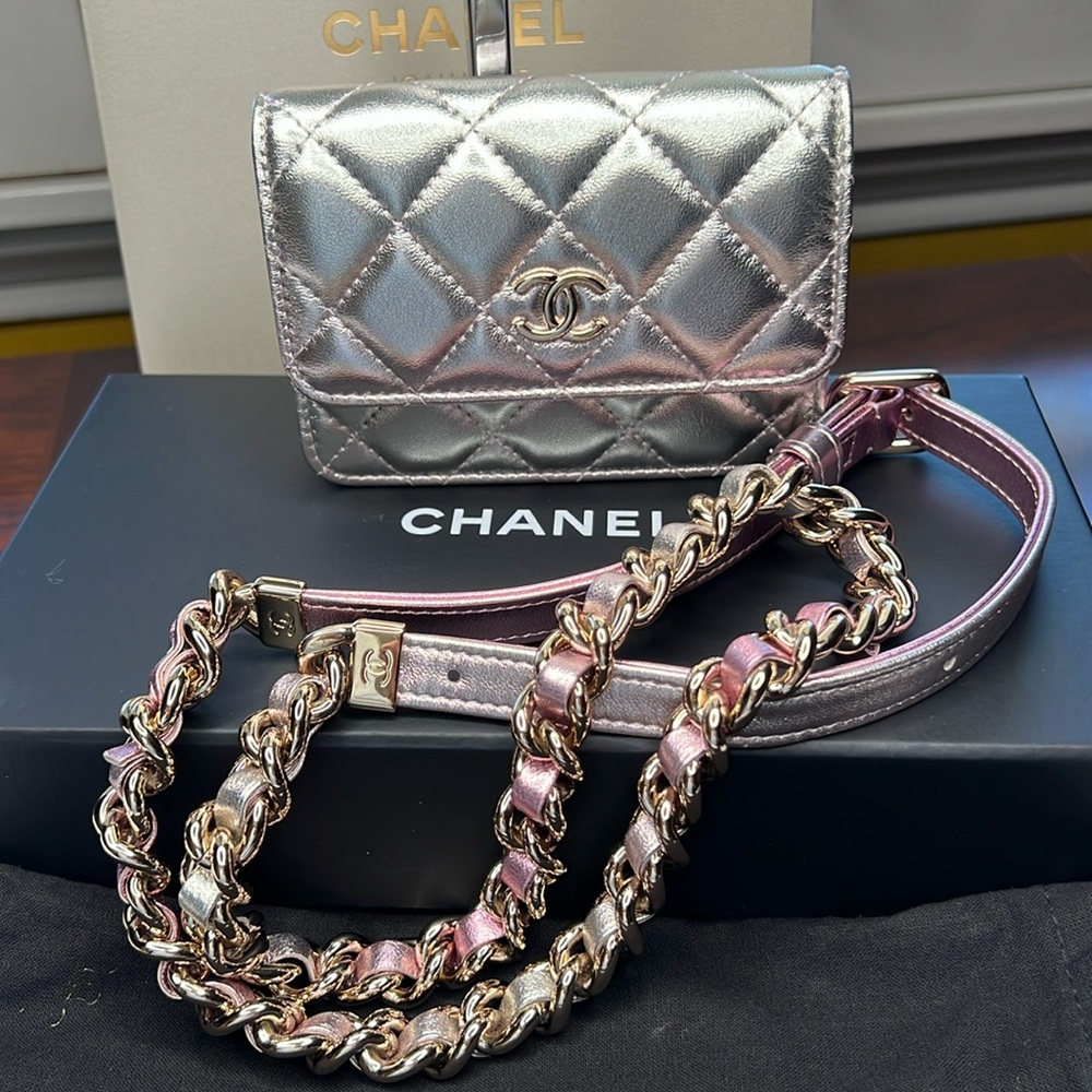 Gradient Metallic Two Tone Lambskin Quilted Flap Chain Belt Bag NWOT Pink/Silver